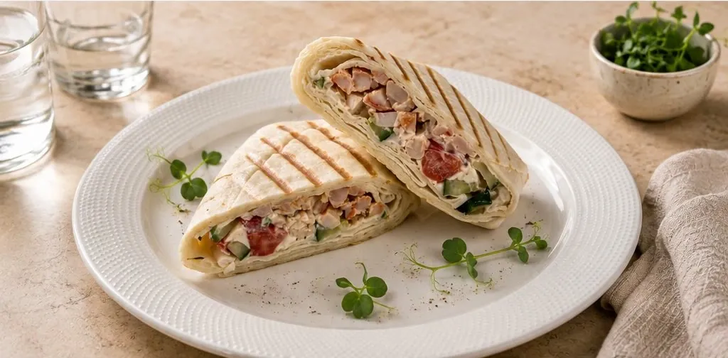 Тёплый ролл с курицей и свежими овощами